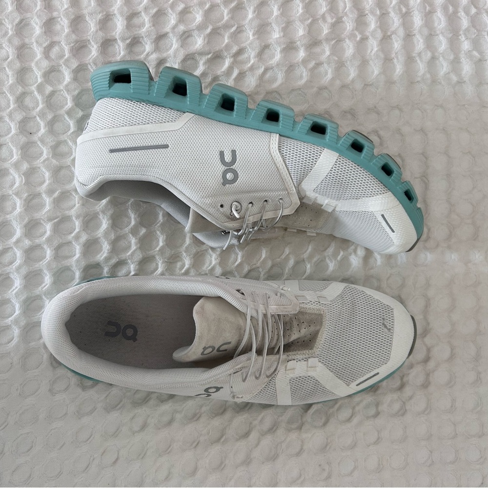 On Running White and Teal Athletic Shoes